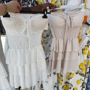 White and Cream Strapless Ruffle Dresses